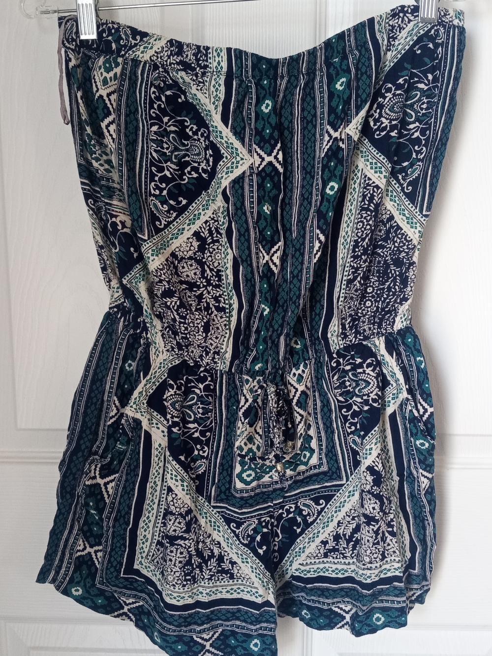 Navy & Teal Printed Strapless Romper